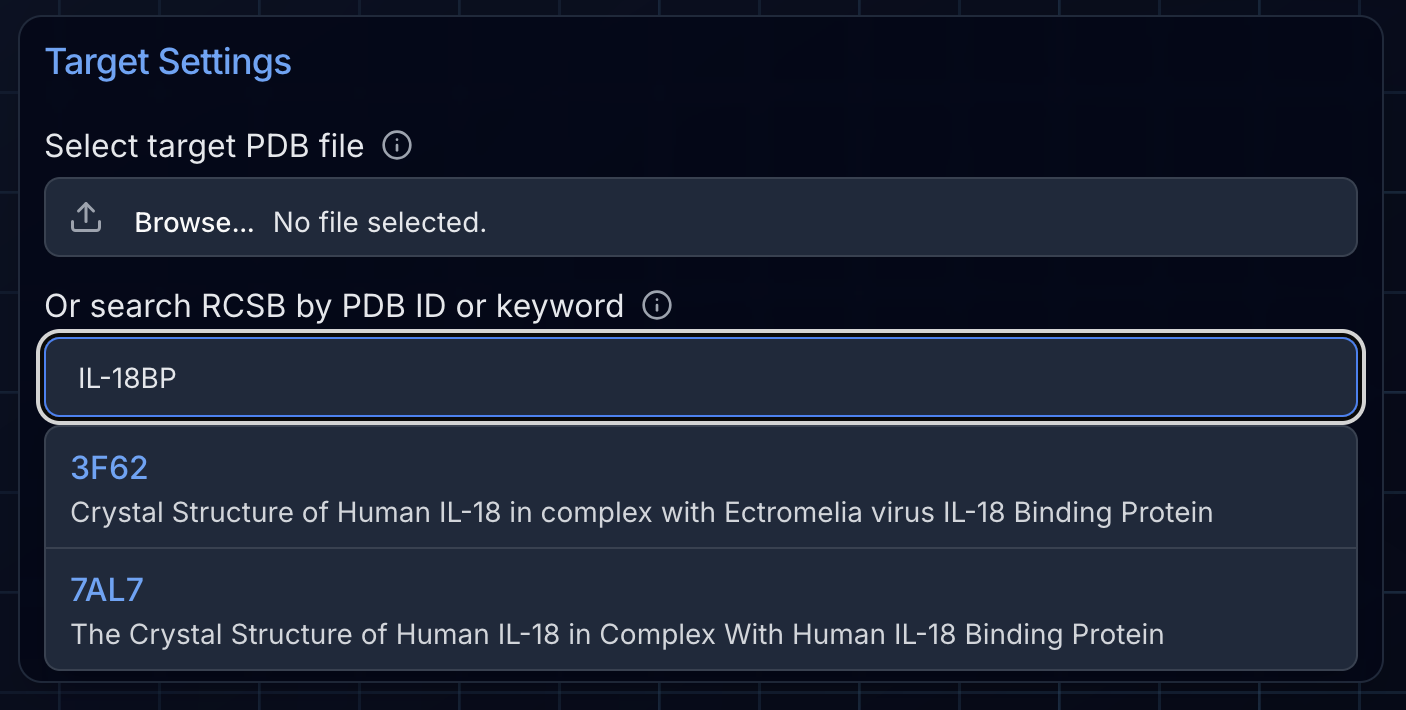 BindCraft file upload interface File upload region showing PDB search and upload options