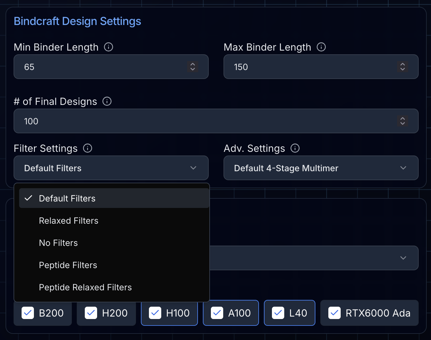 BindCraft filter selection Filter settings interface showing default, relaxed, and peptide options