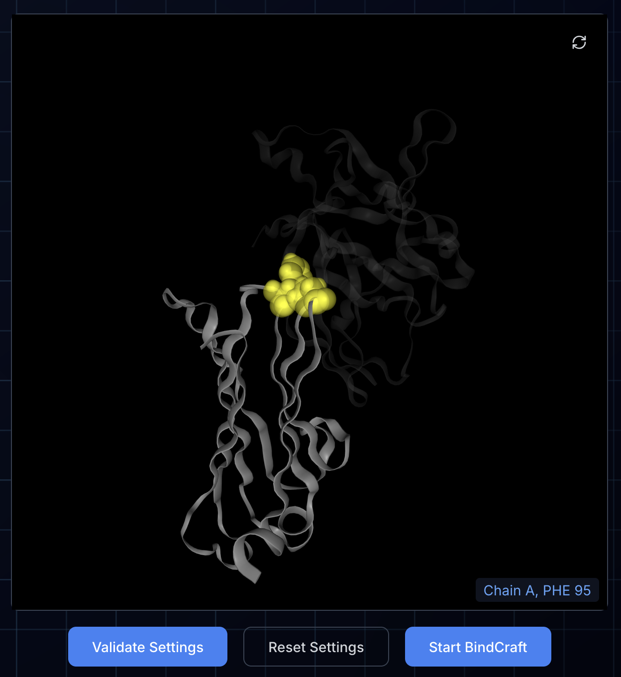 Validated structure showing hotspot selection Structure visualization after validation with hotspot residues highlighted in yellow