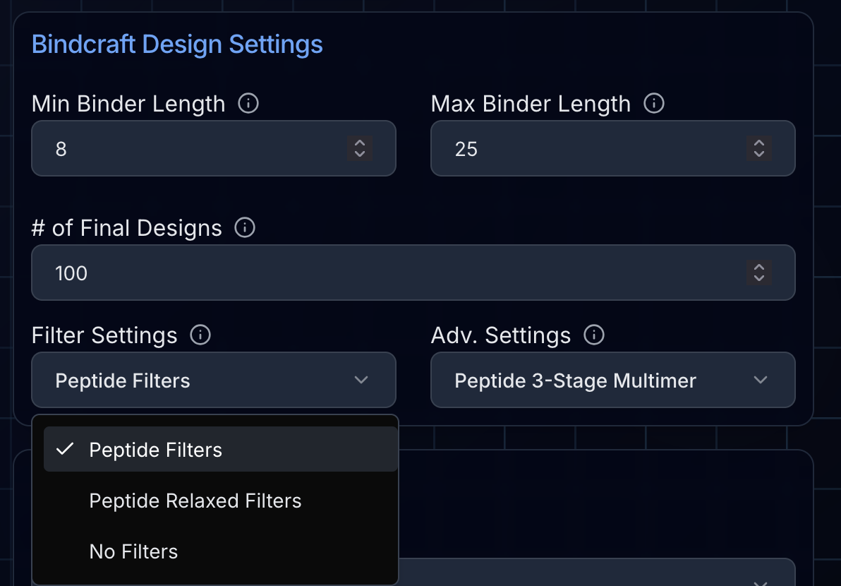 Peptide design settings configuration Peptide-specific settings showing length range and filter options