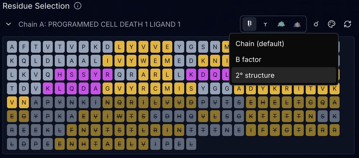 Coloring dropdown showing chain, B-factor, and secondary structure options