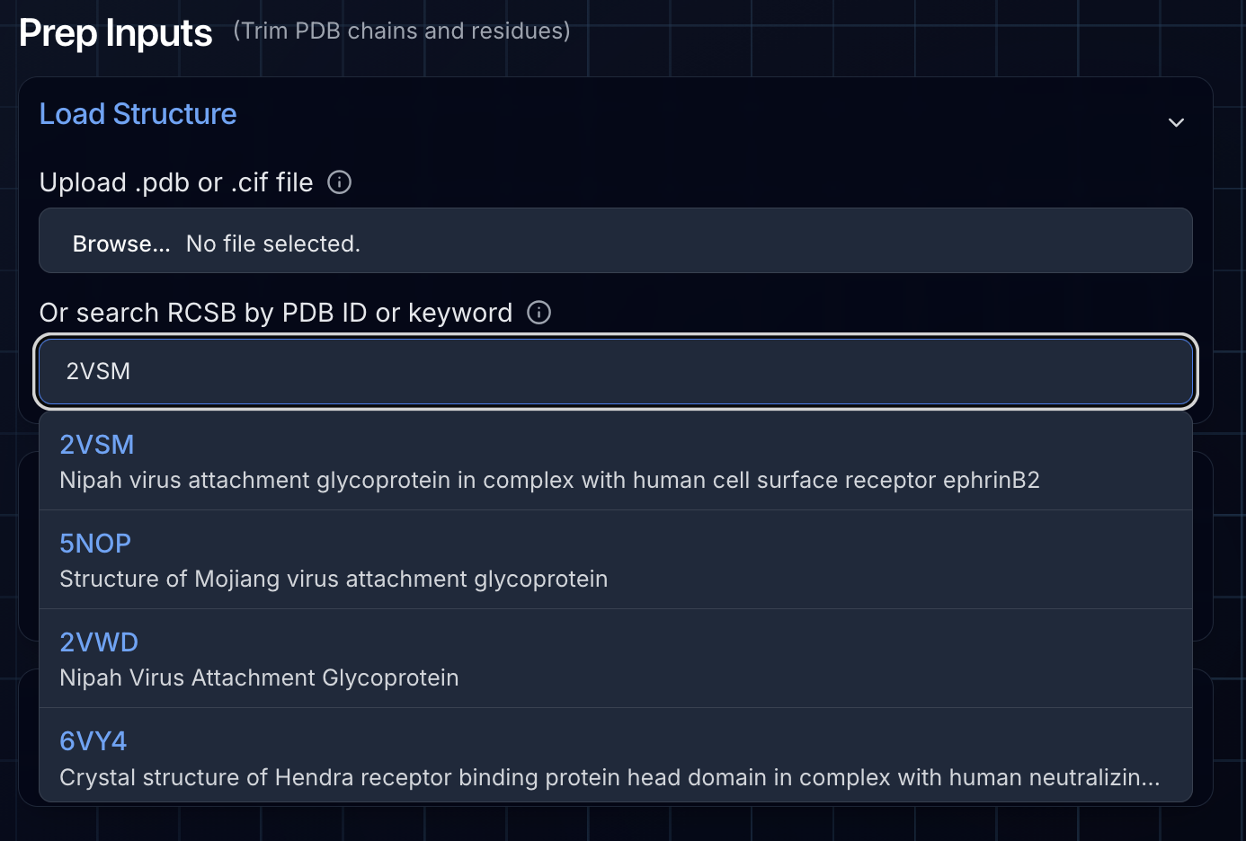 Prep Inputs interface showing RCSB search and chain selection