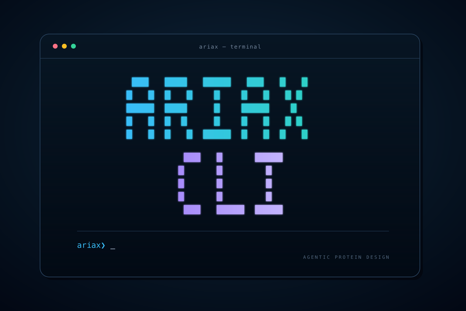 Terminal window displaying ARIAX CLI in cyan and violet block lettering