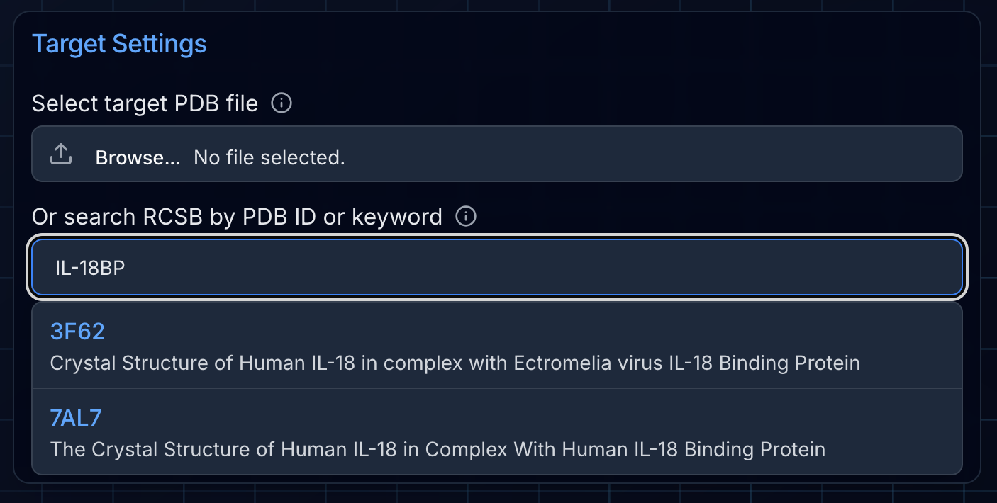 File upload region showing PDB search and upload options