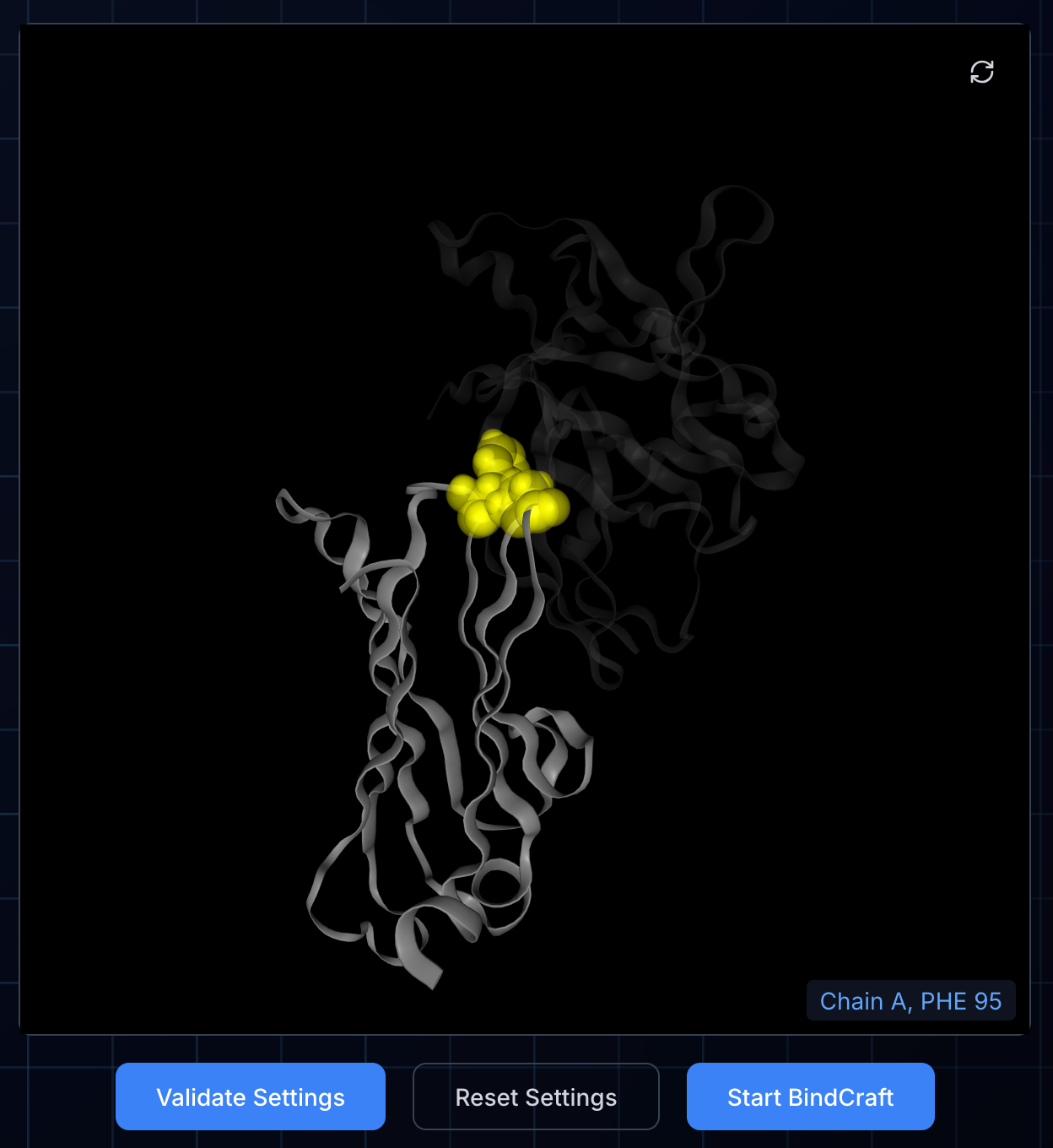 Structure visualization after validation with hotspot residues highlighted in yellow