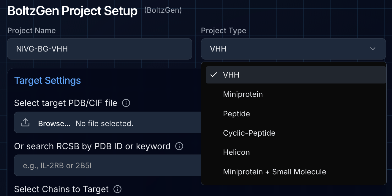 Selecting VHH design modality BoltzGen modality selection interface