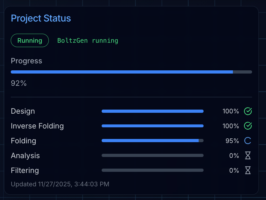 Project status page showing BoltzGen progress