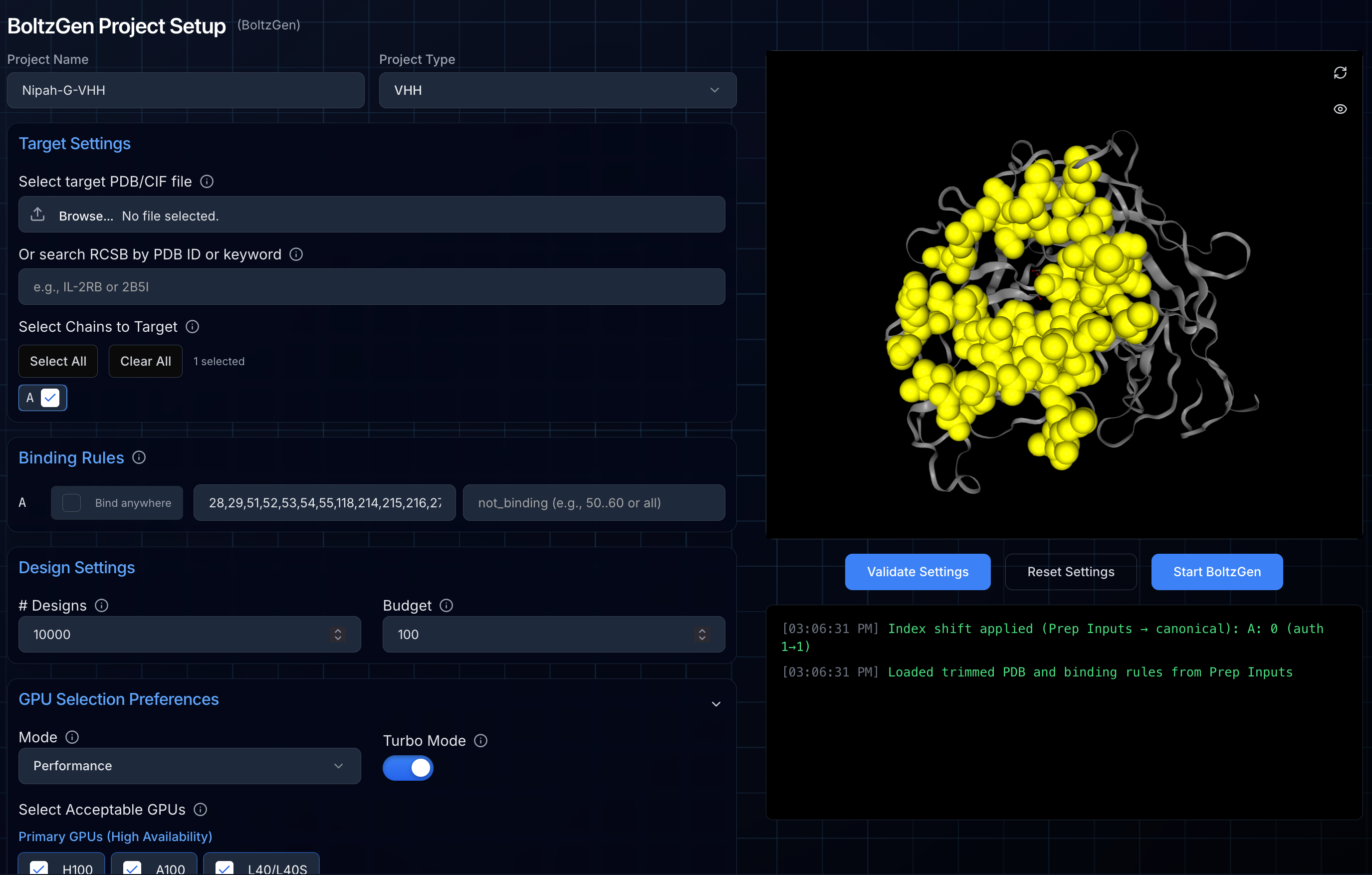 Validated structure showing hotspot selection in yellow Validated structure with hotspots highlighted