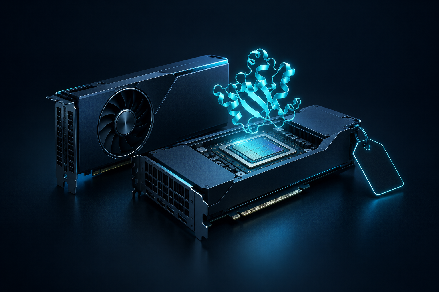 Dark GPU accelerator cards with cyan edge lighting, a glowing protein ribbon above a compute die, and an unmarked price tag