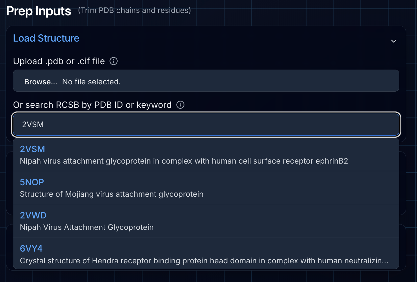 Prep Inputs interface showing RCSB search and chain selection